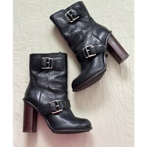 Theory 6.5 Elodie Black Leather Ankle Motorcycle Boots Block Heeled Buckles Zip
